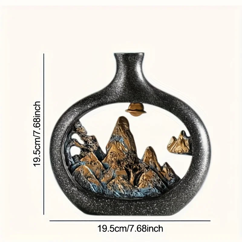 vase decoratif noir paysage montagneux relief texture mate eucalyptus branches fleurs minimalistes
