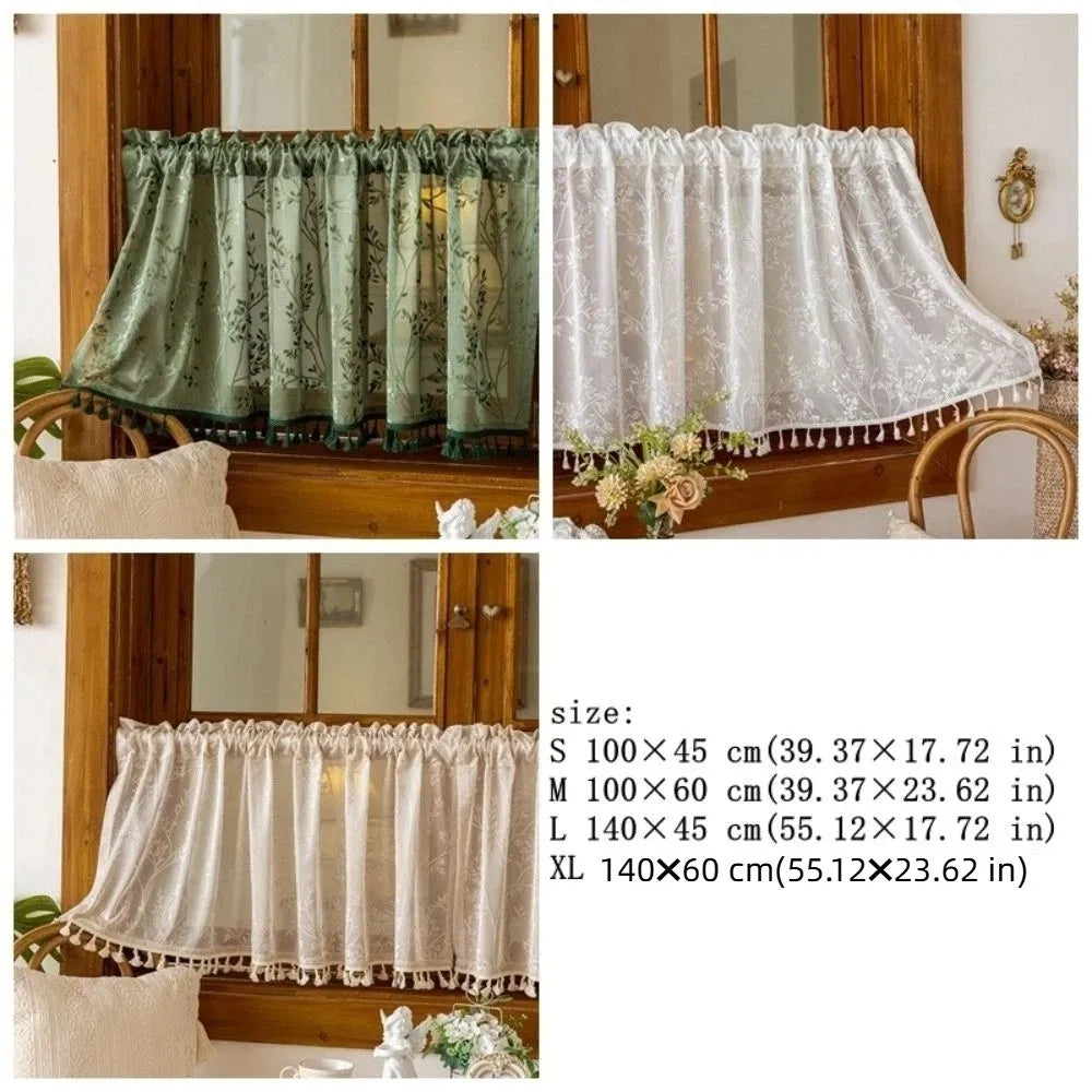 rideau semi transparent polyester broderie végétale tassel beige vert classique