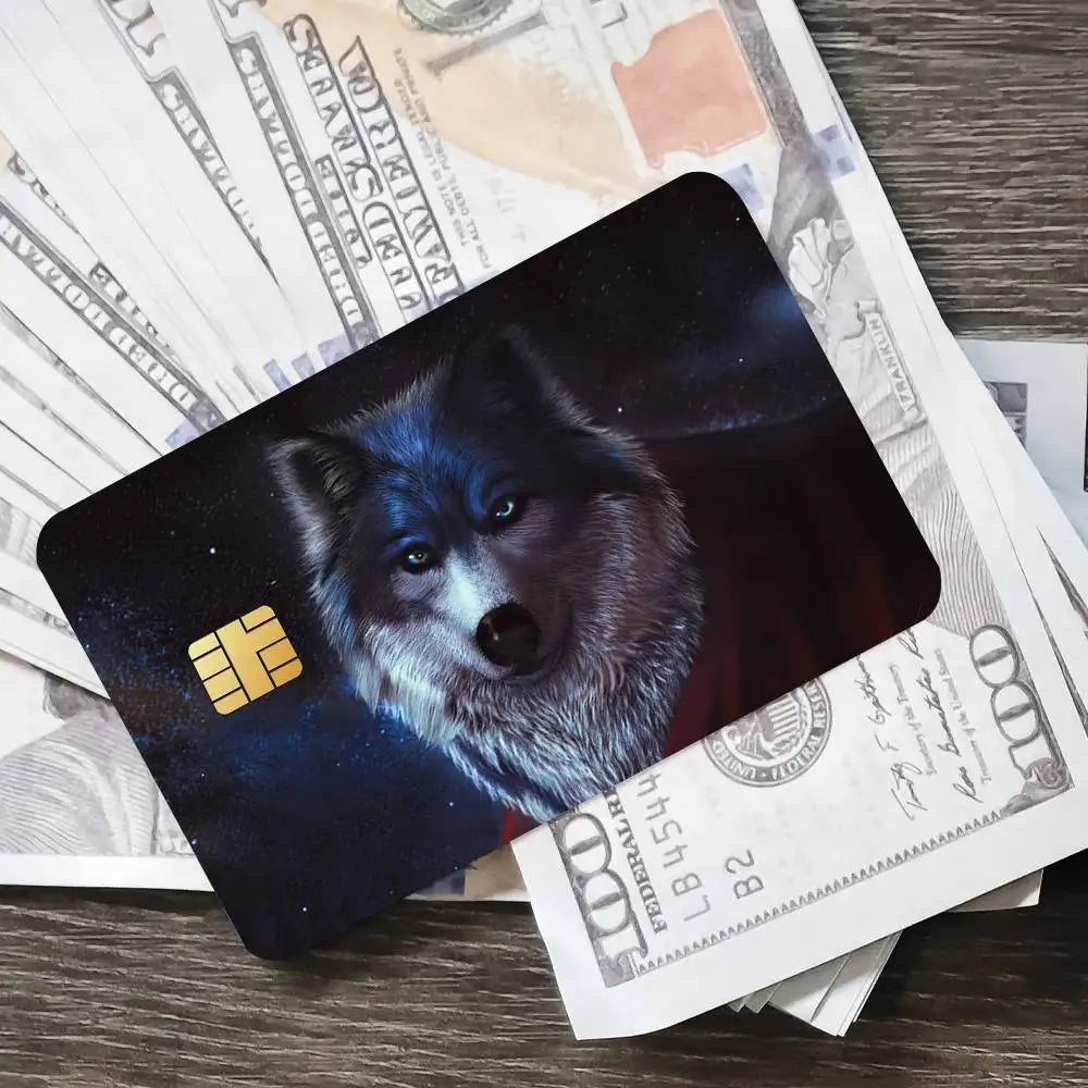 cartes bancaires personnalisées adhésives loup animal moderne graphique noir gris bleu rouge