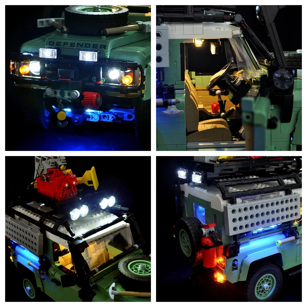 voiture lego defender vert texture lego classique led lumineuse grille taille dimension transparente