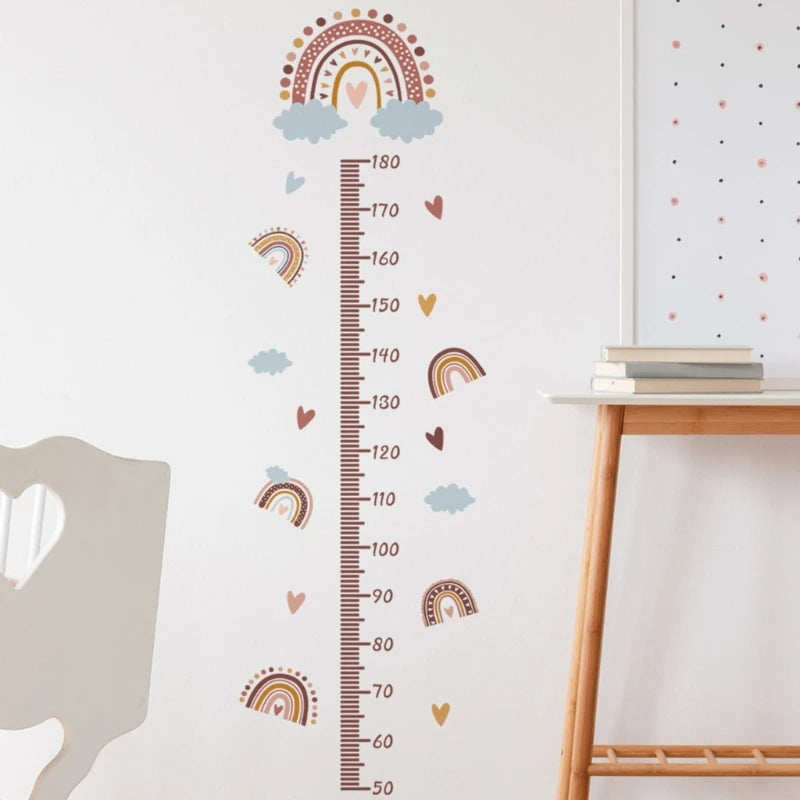 sticker mural mesure hauteur arc ciel nuages coeurs boho chambre enfant multicolore adhésif