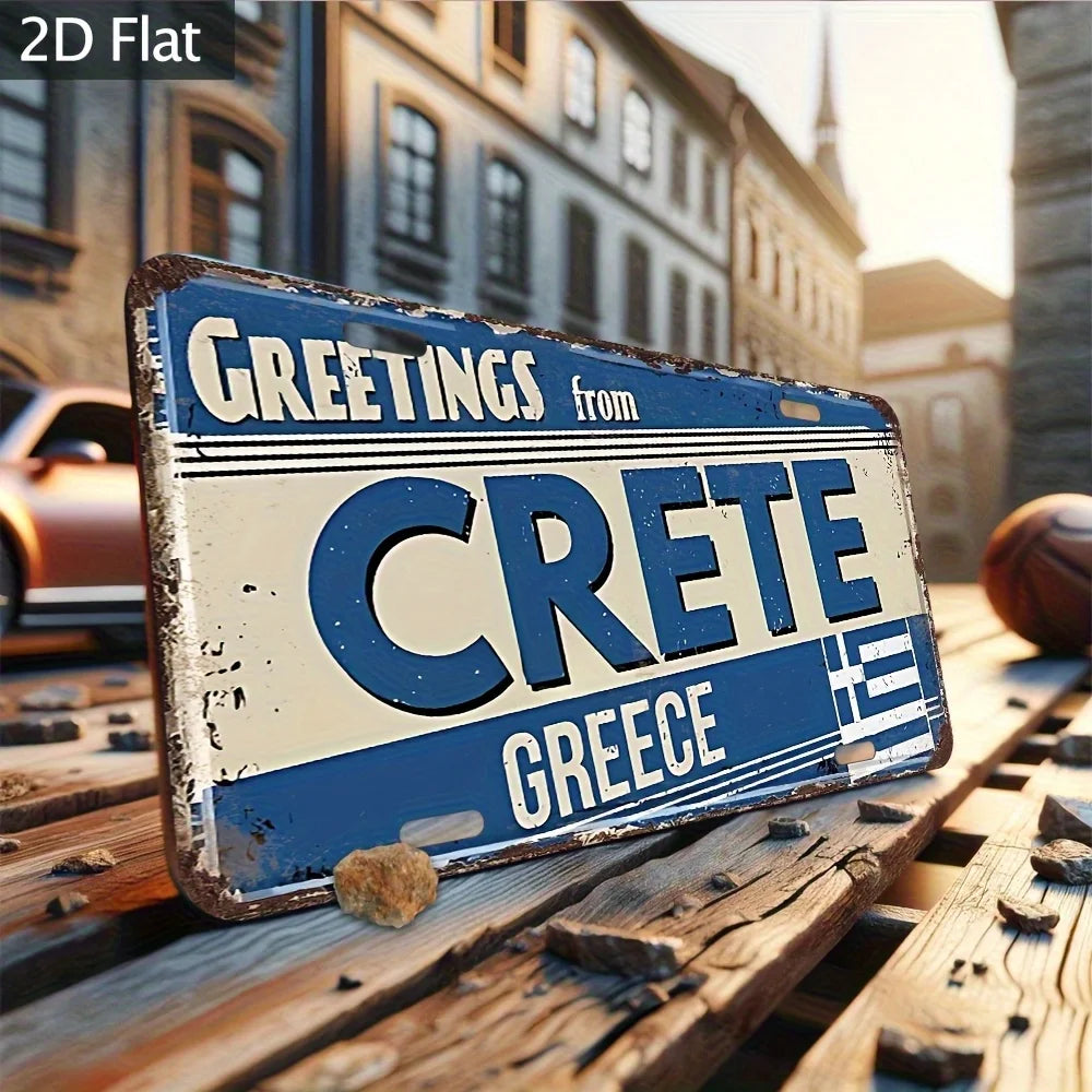 plaque décorative aluminium bleu blanc vintage drapeau grec crete lettres horizontales effet vieilli 30x15cm