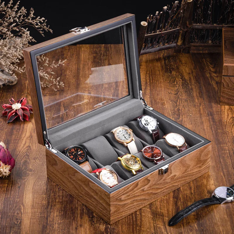 boîte montres 10 slots bois marron velours gris verre transparent classique clips verrouillage