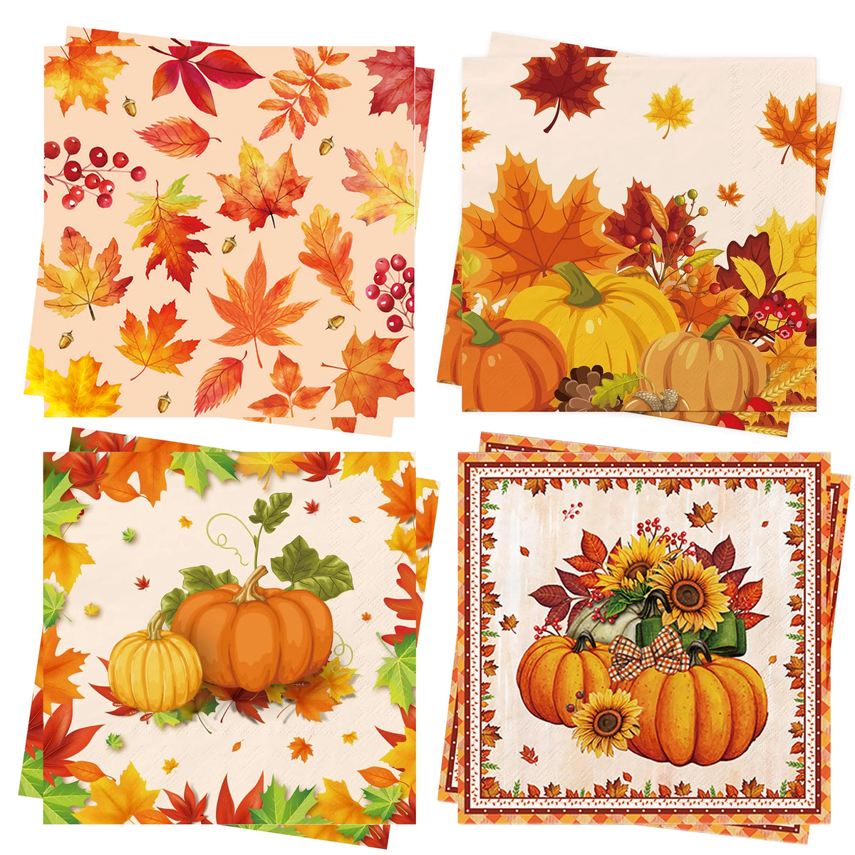 serviettes table automnales feuilles citrouilles motifs floraux orange jaune rouge beige pack 20 pack