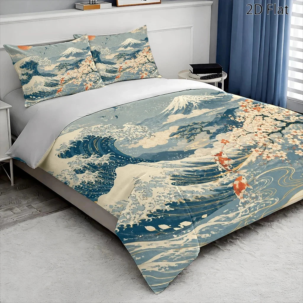housse couette ukiyo vague carpes koï fleurs cerisier taies oreiller lit japonais motifs artistiques