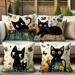 coussin illustration chats noirs fleurs polyester peacheskin 40x40cm 45x45cm 50x50cm 60x60cm