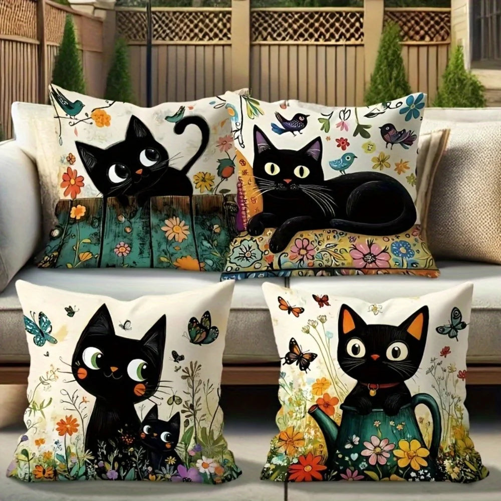 coussin illustration chats noirs fleurs polyester peacheskin 40x40cm 45x45cm 50x50cm 60x60cm