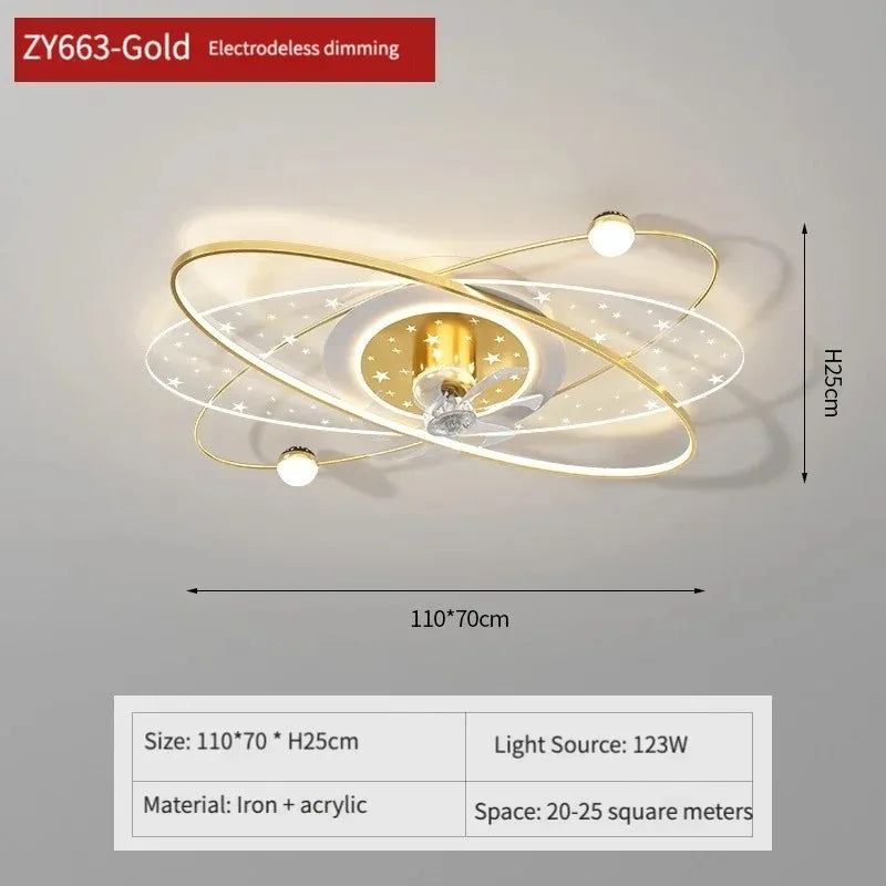 ventilateur moderne sphères blanches anneaux dorés télécommande lumière led salon luxe