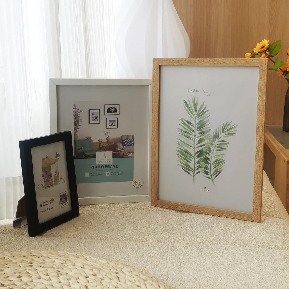 cadre photo bois moderne minimaliste imprimé feuilles palmier clips fixation