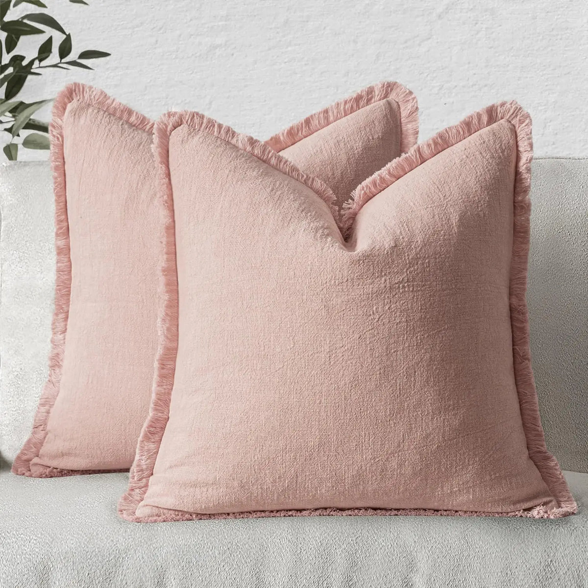 coussins décoratifs bohèmes lin texturé franges blanc cassé vert olive gris