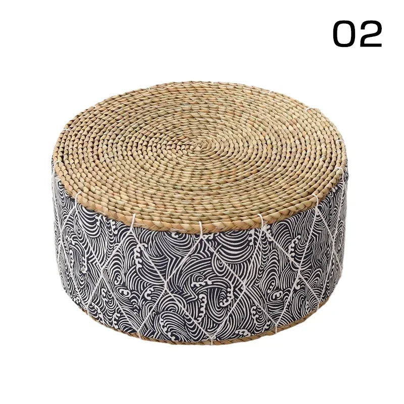 coussin futon rond tissé motifs géométriques beige bleu marine blanc boho rustique