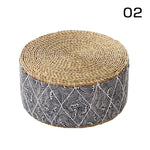 coussin futon rond tissé motifs géométriques beige bleu marine blanc boho rustique