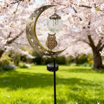 lampe solaire décorative or lune étoiles hibou verre translucide patio jardin artisanal rustiqueextérieur fixepiquemétallique