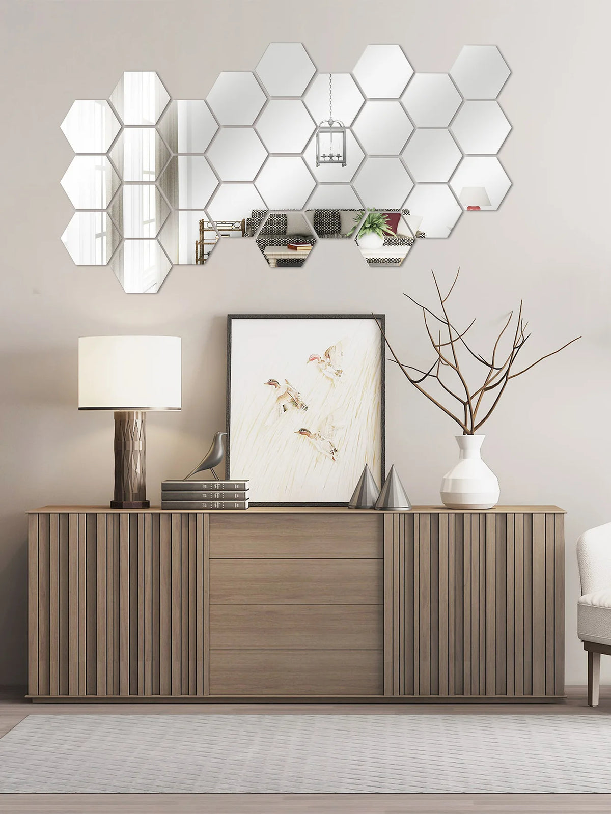miroirs hexagonaux adhésifs modernes blancs lisses opaques 80 70 40mm 100 87 50mm 126