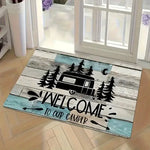 tapis sol antidérapant polyester résistant décoloration lettrage stylisé thème camping patte chien noir blanc