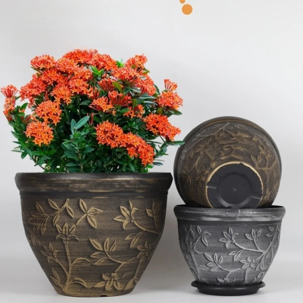 pots fleurs noirs classiques gravures feuilles fleurs plateau drainage visible