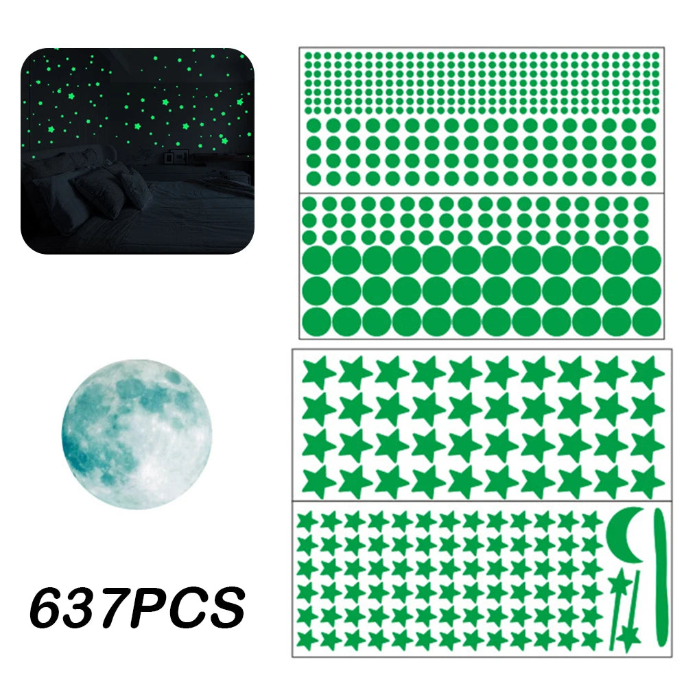 stickers muraux lumineux étoiles points lunes vert fluorescent moderne décoration chambre bébé 637 pièces