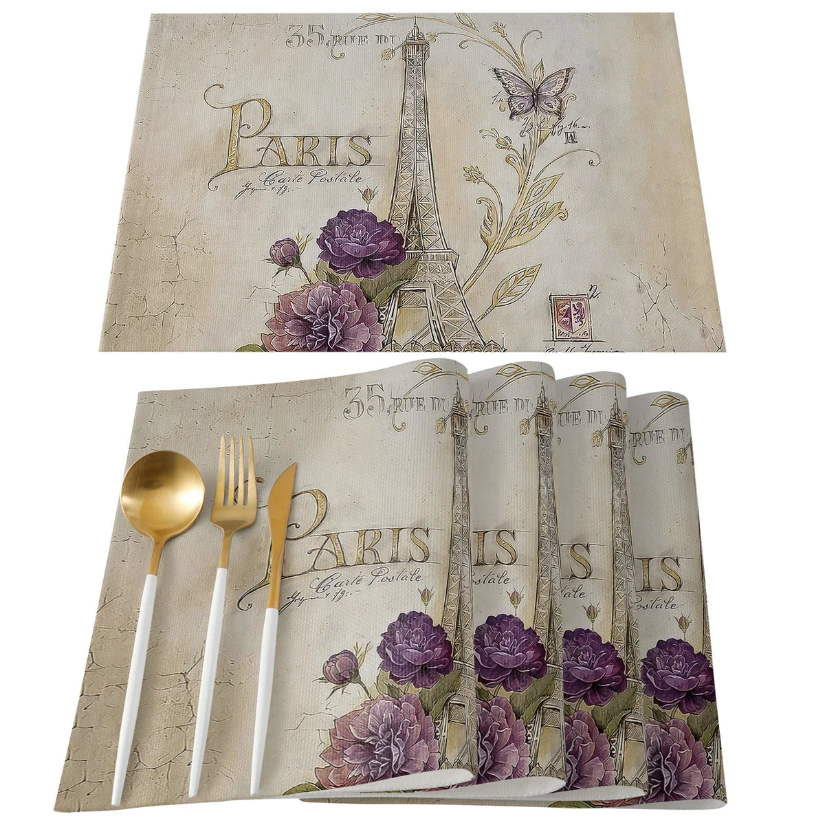 serviettes table imprimées tour eiffel fleurs cerisier moderne rose gris beige