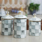contenants cuisine porcelaine émaillée carreaux géométriques bleu blanc rose classiques