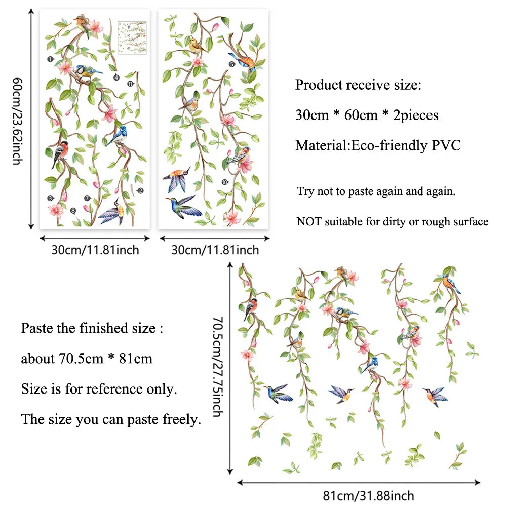 sticker mural branches fleurs oiseaux decoration chambre salon autoadhésif pvc 30x60cm 2pcs art floral