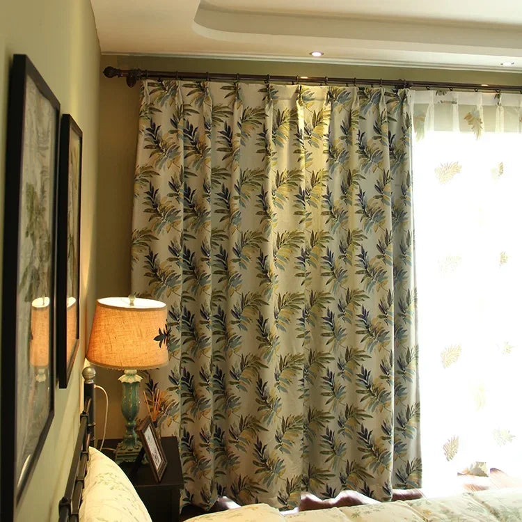 rideau classique feuilles stylisées beige bleu vert jaune opacité plissé général salon chambre