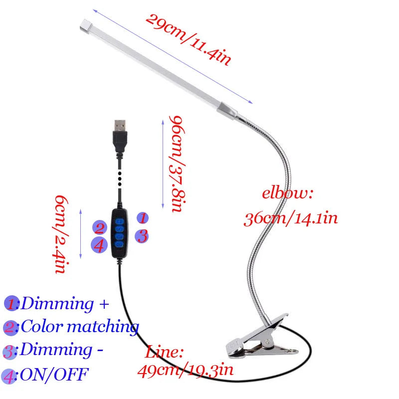 lampe flexible led noir pince usb 10 niveaux luminosité moderne adjustable interrupteur