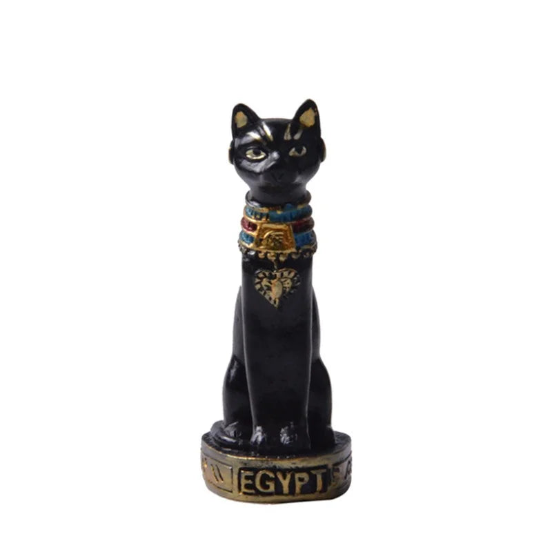statuette égyptienne ancienne chat ornements hiéroglyphes noir blanc doré