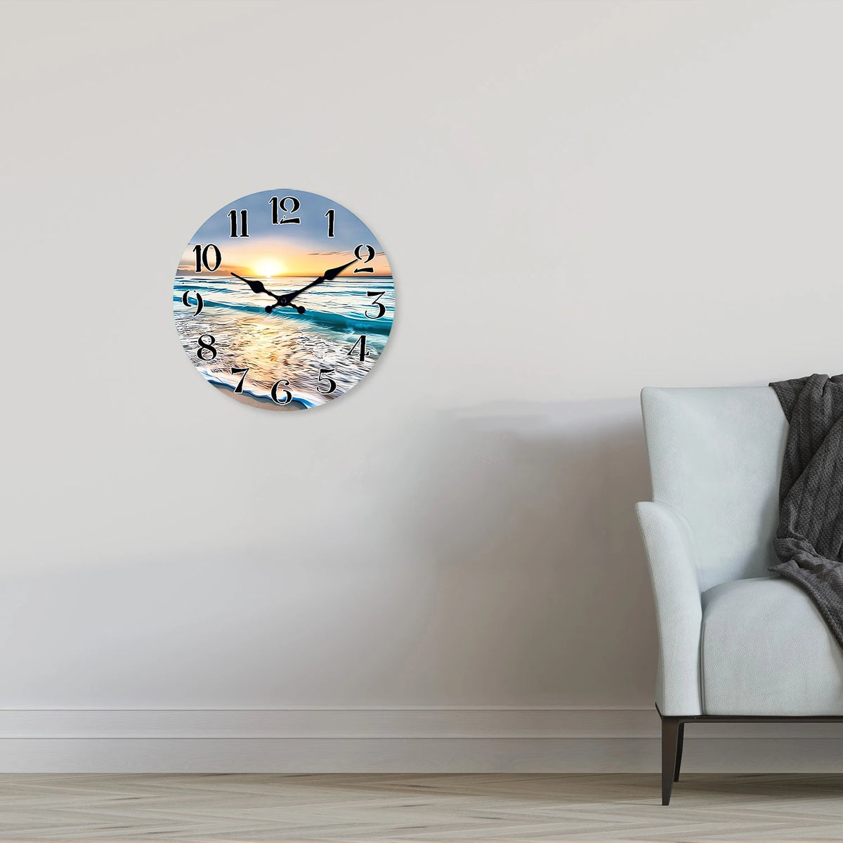 horloge murale coucher soleil plage moderne bleu blanc jaune 10 12 14 16 inches