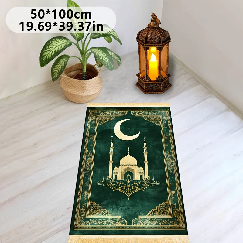 tapis vert foncé doré motif islamique mosquée lune polypropylène résistant décoration intérieure extérieure voyage