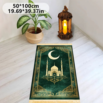 tapis vert foncé doré motif islamique mosquée lune polypropylène résistant décoration intérieure extérieure voyage