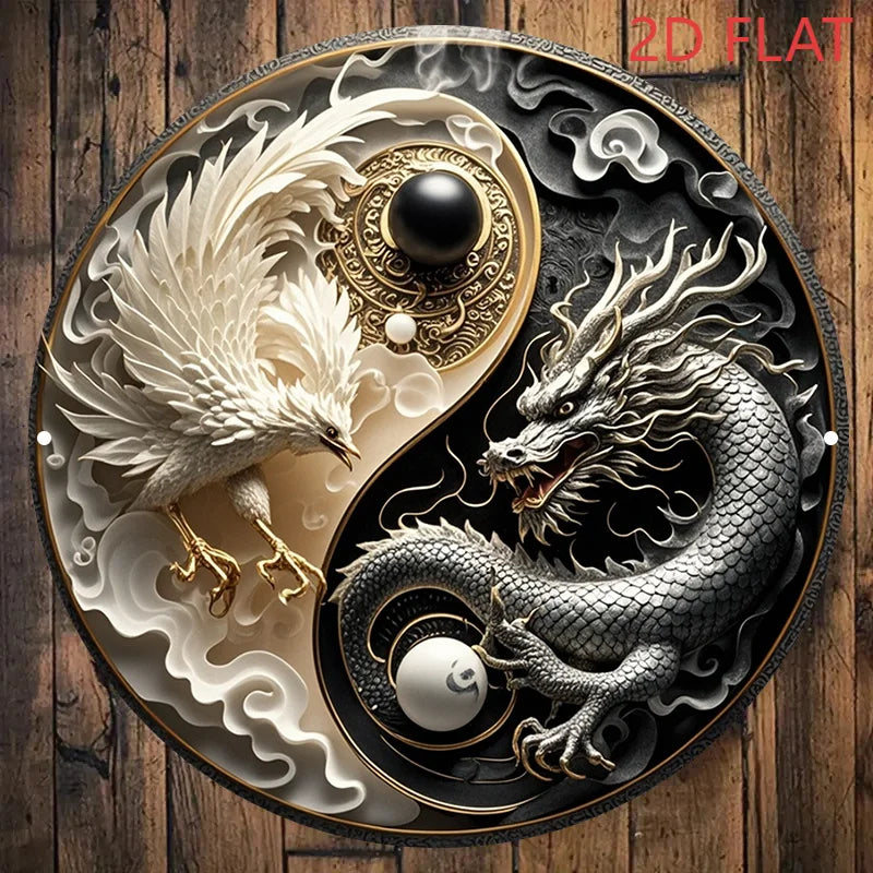décoration murale plaque métal yin yang dragon phoenix nuages artisanal blanc noir gris doré