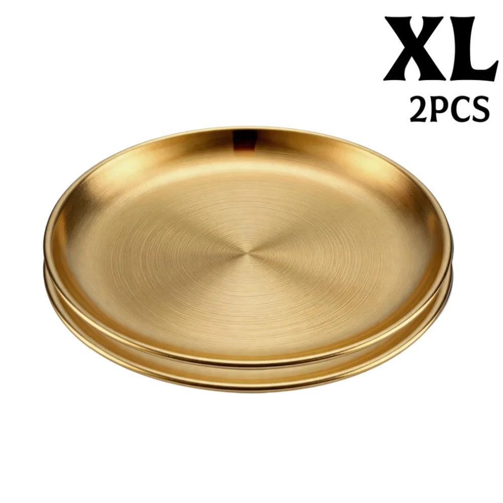 assiettes acier inoxydable or argent rondes modernes différentes tailles buffet dessert pizza