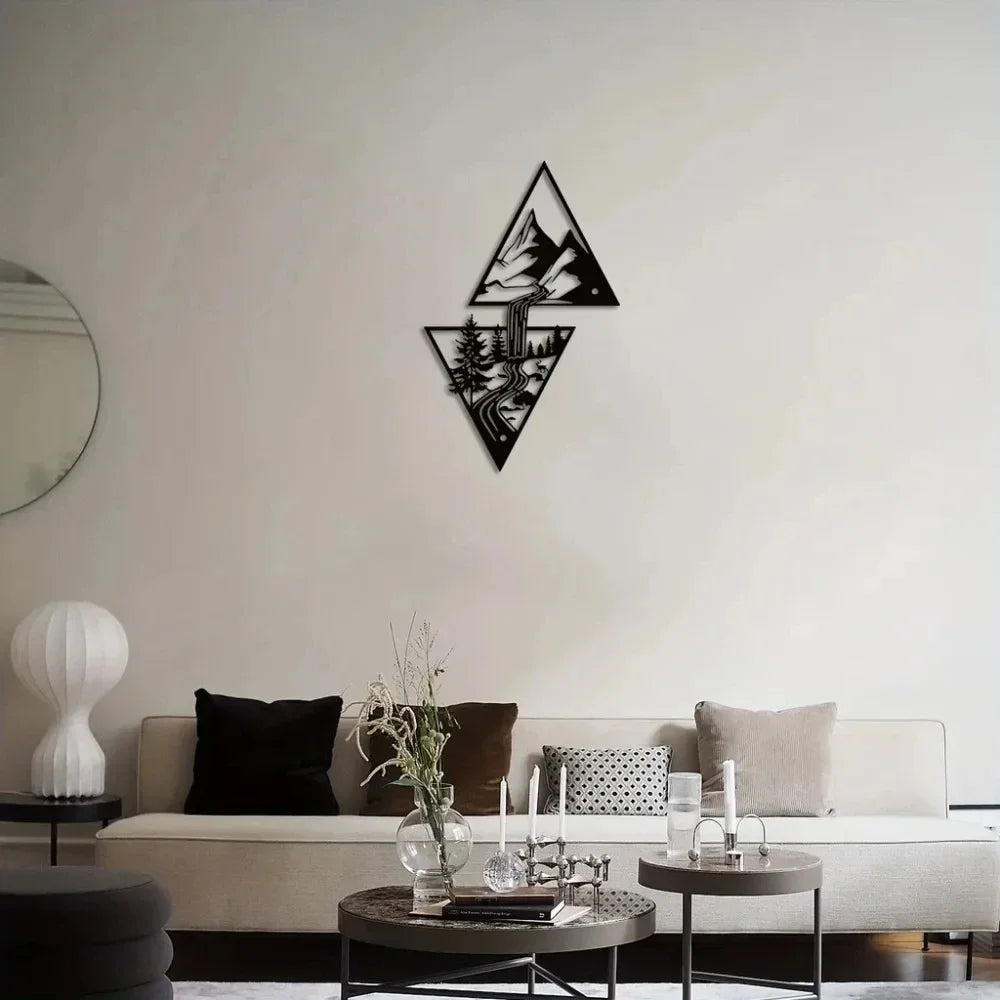 décoration murale métal paysage montagneux cascade forêt moderne minimaliste nature triangles imbriqués