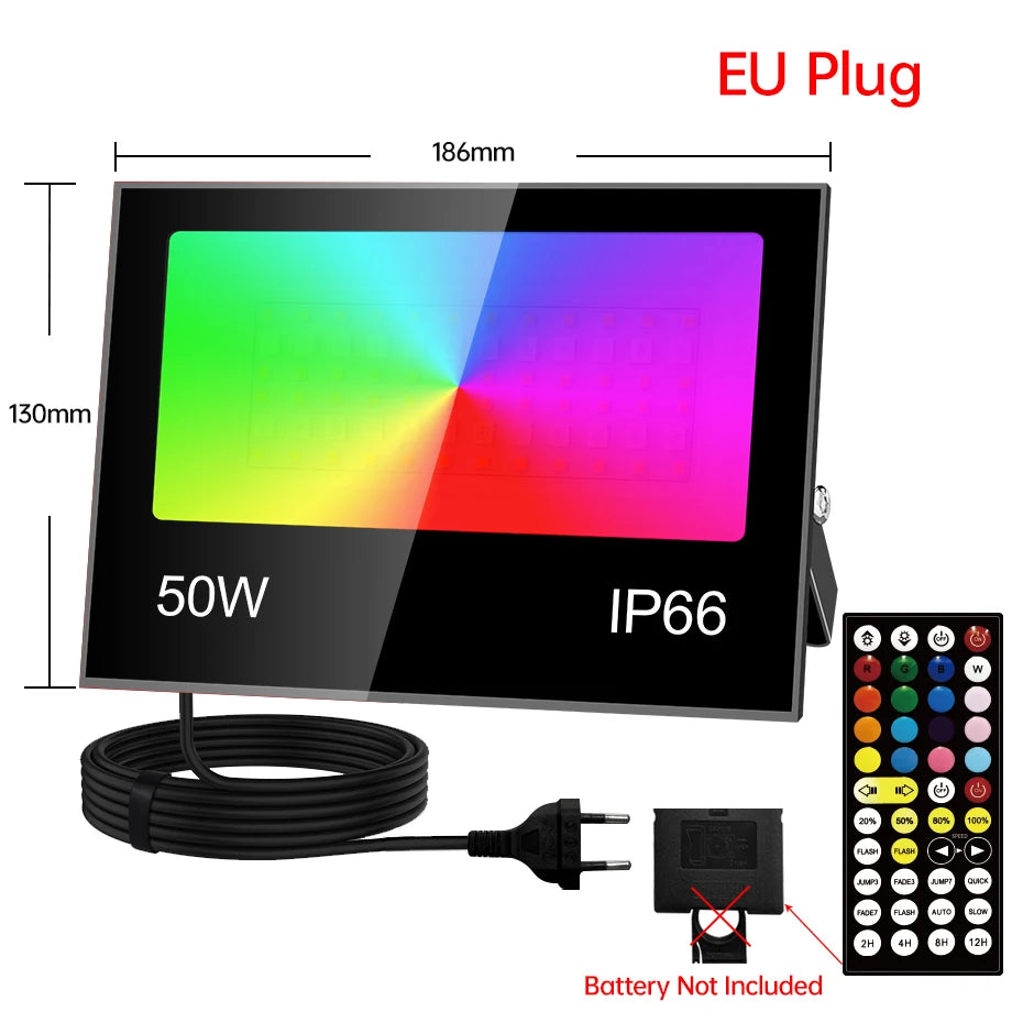 projecteur led rgb ip66 étanche extérieur télécommande réglage luminosité noir moderne