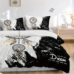 ensemble literie motif ethnique blanc noir plumes dorées housses couette deux taies oreillers abstrait
