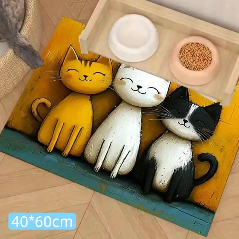 tapis antidérapant imperméable dessin animé chats couleurs variées toile jute cartoon assiettes alimentation chats