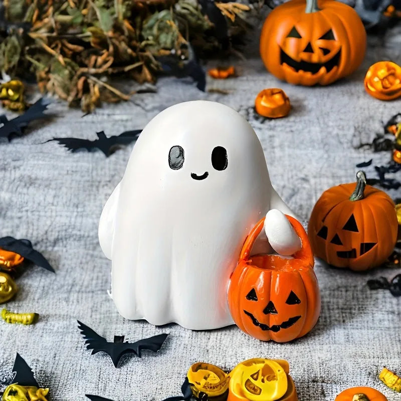 décoration halloween fantôme blanc souriant citrouille jack lantern moderne résine