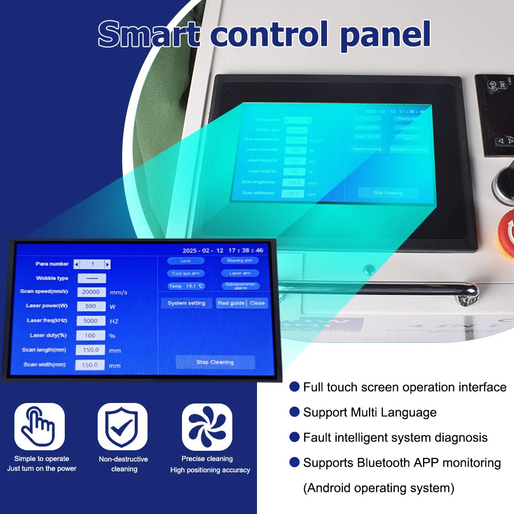nettoyage laser machine industrielle roues panneau tactile écran lcd tête double pendule 2000w graffiti