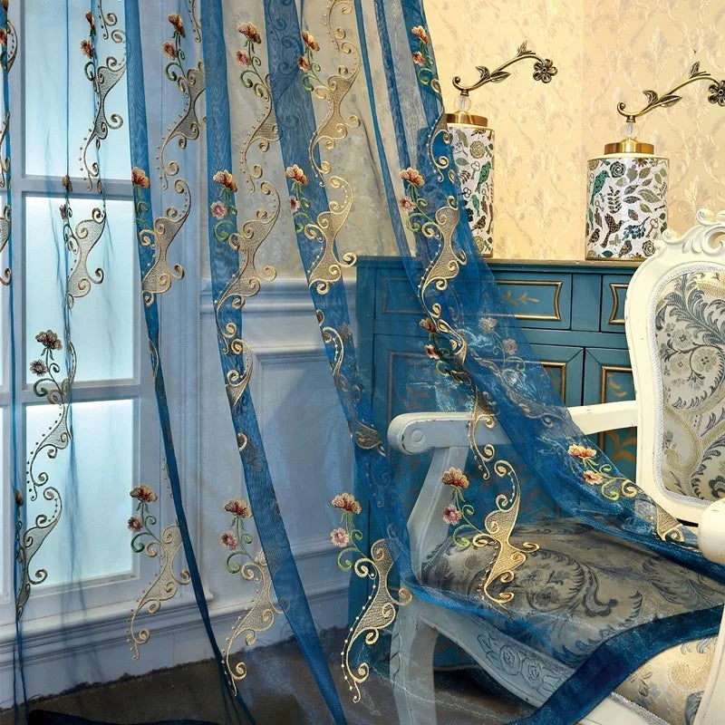 rideau floral brodé transparent bleu doré rose élégant salon chambre bureauhôtel