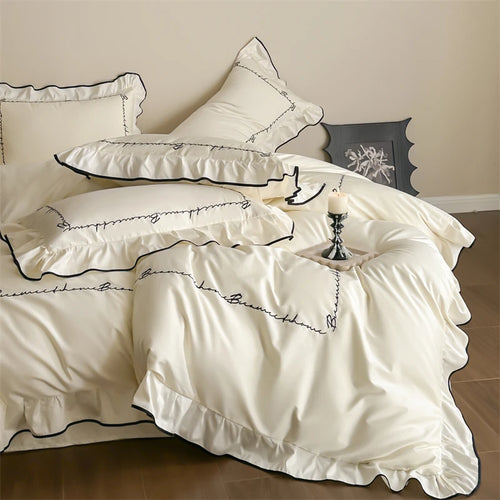 ensemble literie blanc noir broderie classique drap housse taies oreiller élégant coton volants fronces