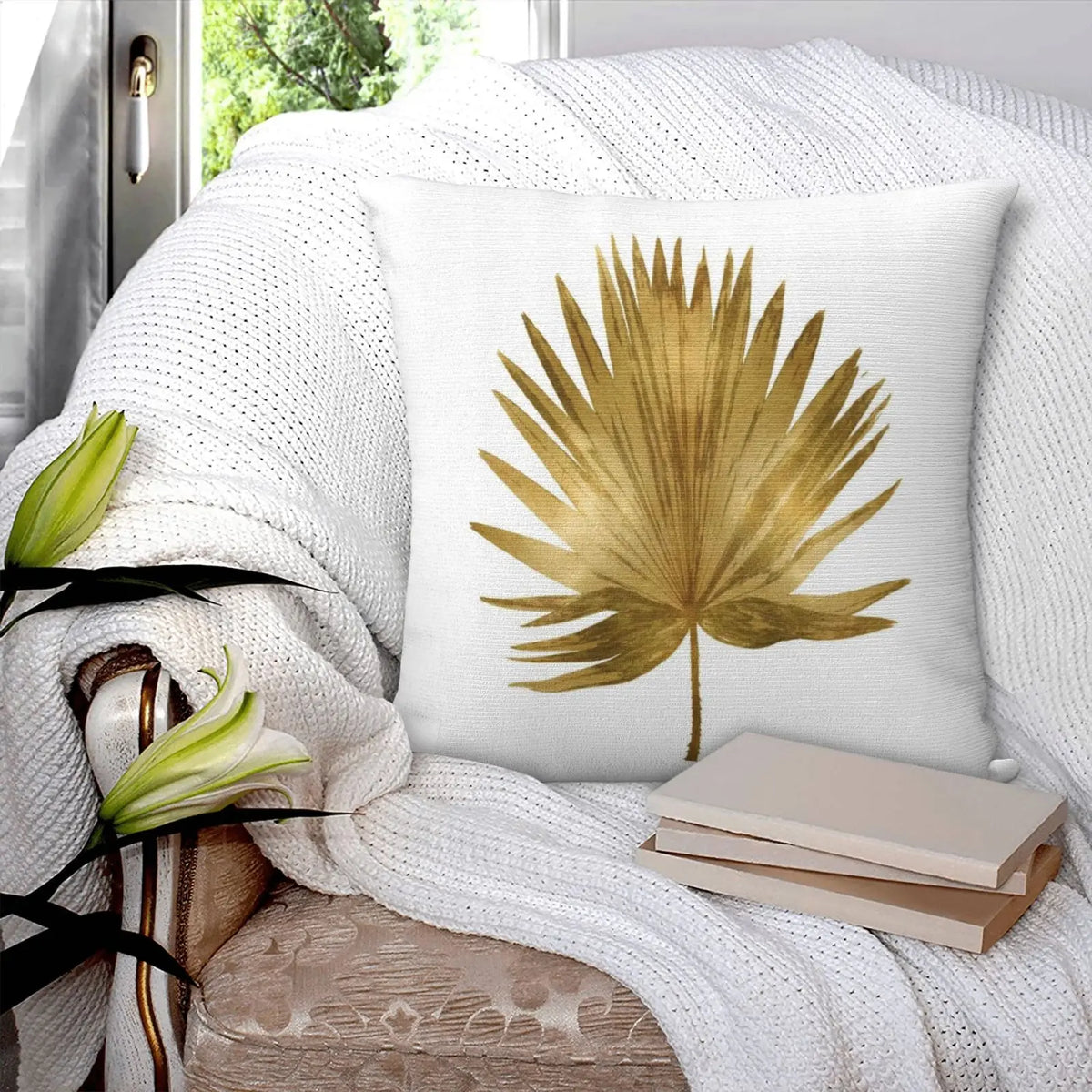 coussins modernes blanc feuilles dorées plume polyester amovibles lavables