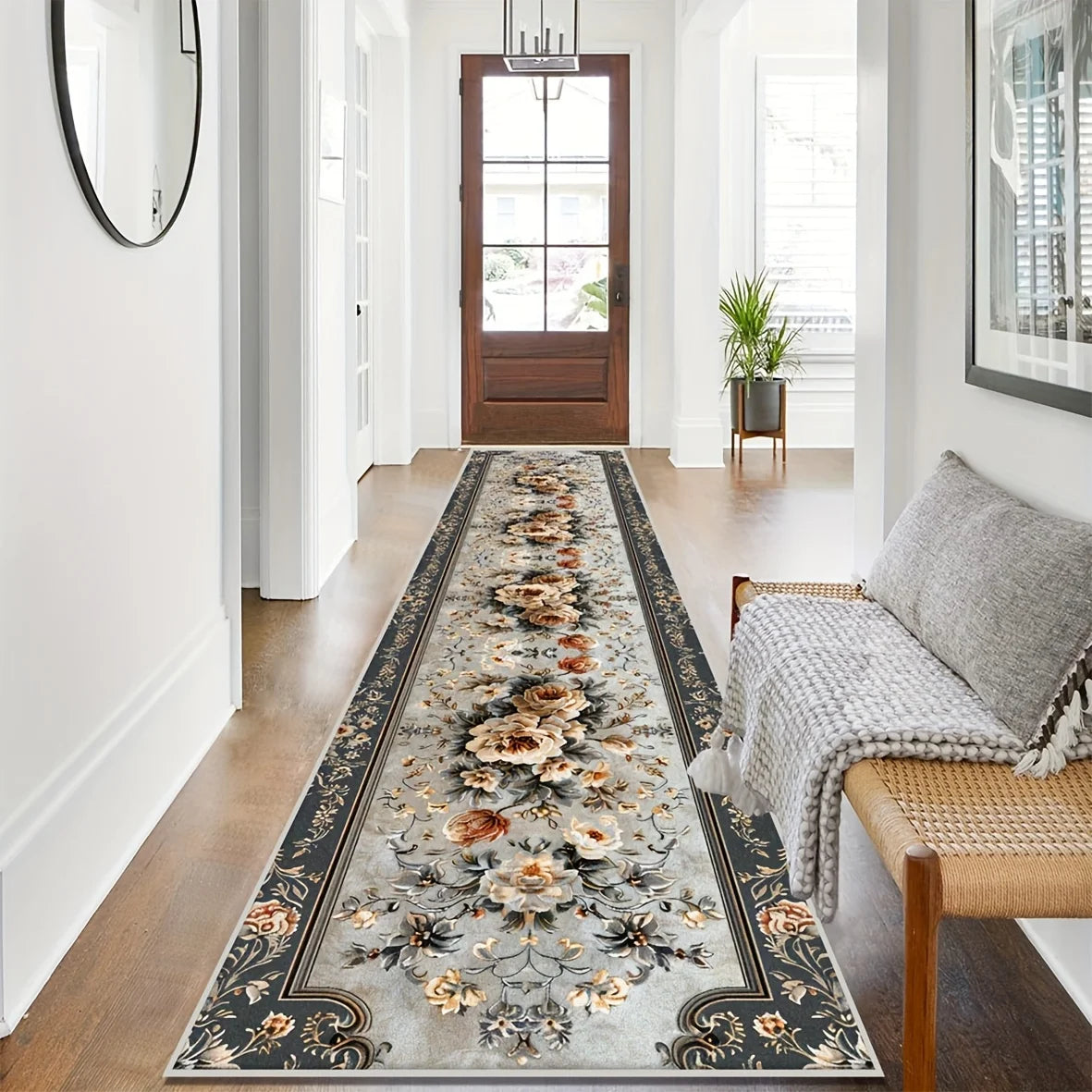 tapis floral velours gris clair bleu marine intérieur salon couloir résistant décoration adultes polyester