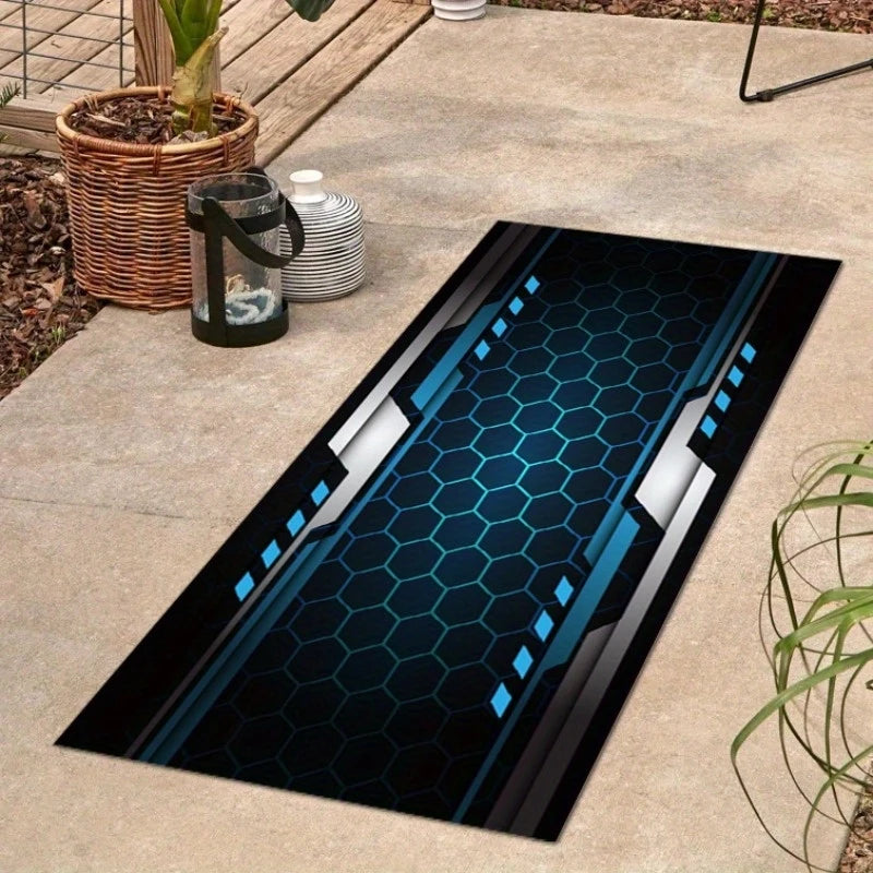 tapis noir bleu blanc hexagones moderne antidérapant extérieur intérieur garage salon chambre