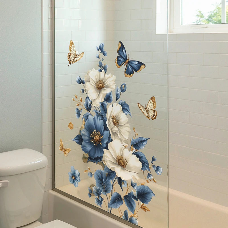 sticker mural floral décoration aquarelle papillons feuilles verte élégant bohème adhésif salon chambre