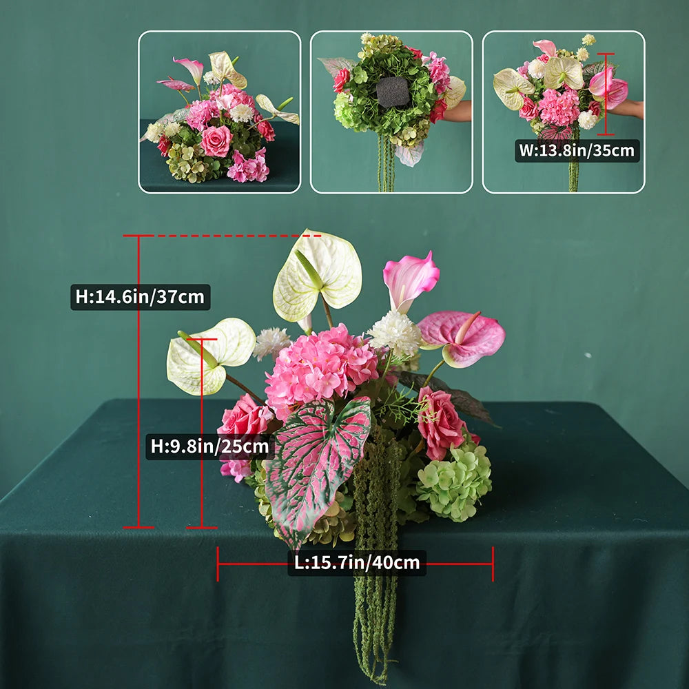 décoration événement mariage anniversaire hydrangea anthurium rose arrangement floral intérieur élégant moderne tropical vases