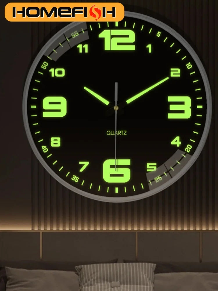 horloge murale moderne fond noir cadres blancs aiguilles vert fluo números blancos lignes blanches
