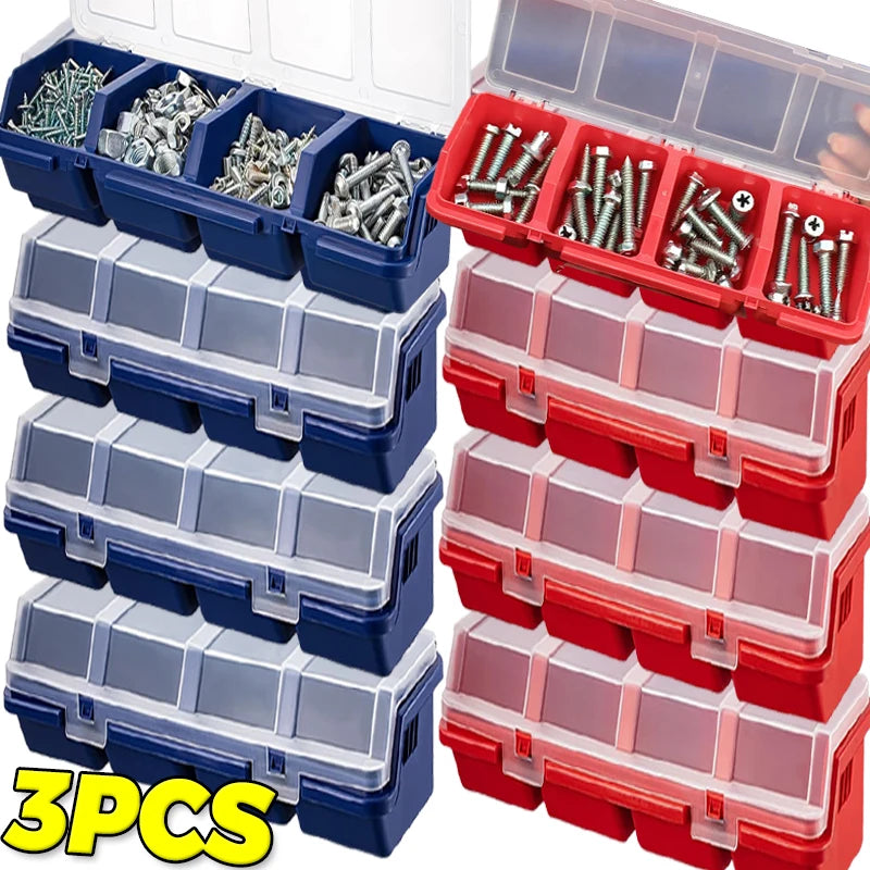boîtes rangement multi compartiments plastique bleu rouge pratiques modernes vis clous ruban métroclé cliquet