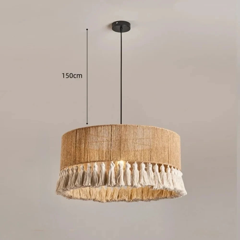 lampe suspendue tissu tressé boho chic beige doré franges blanches 40cm 50cm 60cm