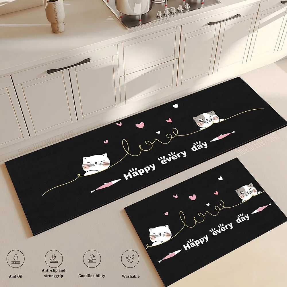 tapis cuisine noir gris anti fatigue antidérapant moderne graphique ustensiles cuisine coeurs
