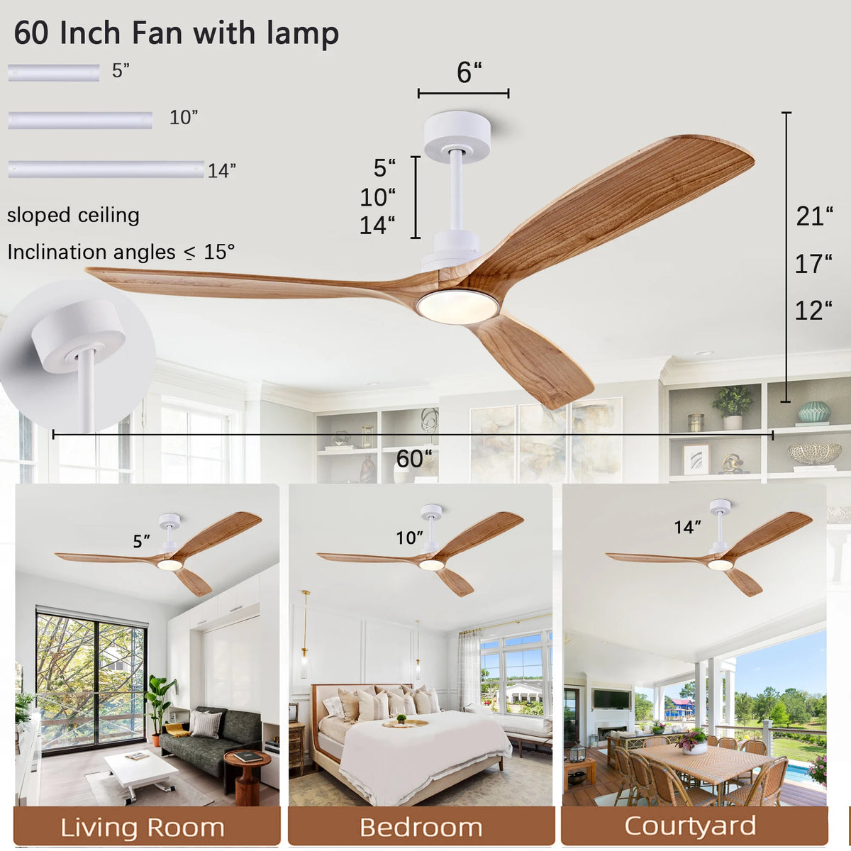 ventilateur bois blanc moderne led télécommande 60 pouces chambre salon lumière minimaliste